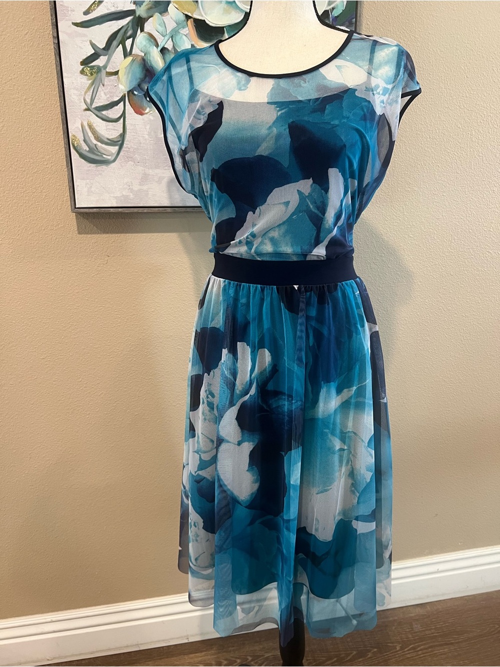 Teal Blue Floral Midi Dress with Sheer Overlay